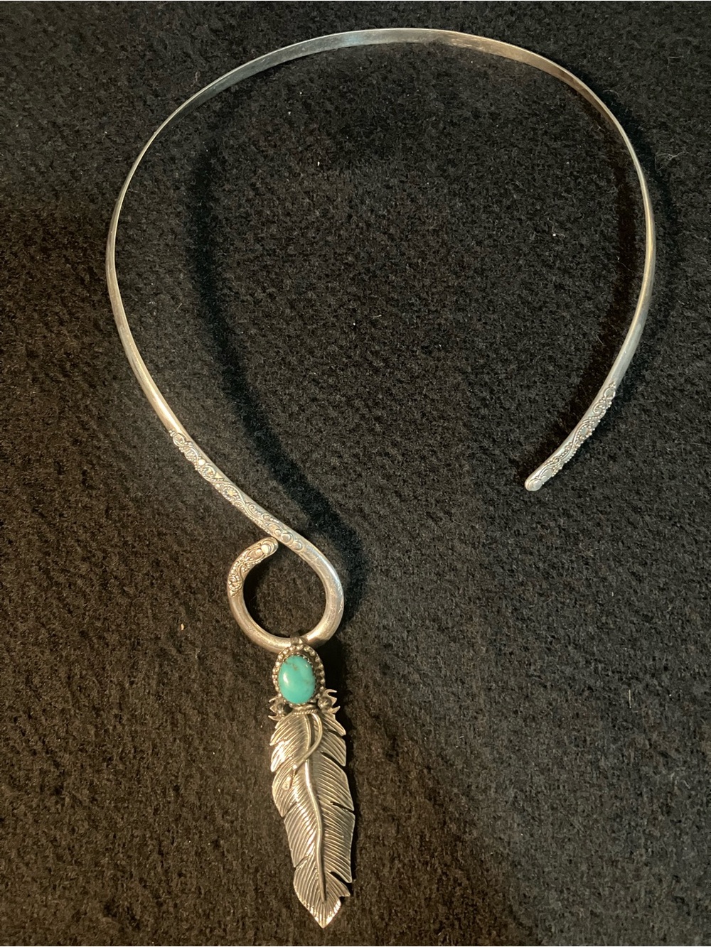 Native American Sterling Silver Turquoise Feather Necklace